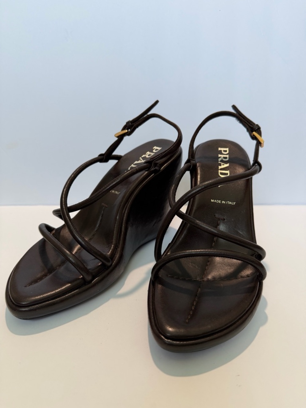 Prada Brown Leather Strappy Wedge Sandals 5.5